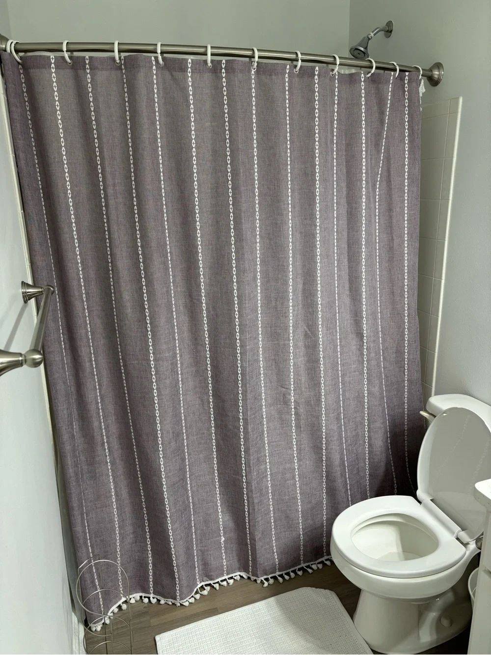 Purple and white shower curtain
